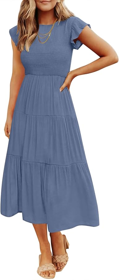 ZESICA Women's 2025 Summer Casual Flutter Short Sleeve Crew Neck Smocked Elastic Waist Tiered Midi Dress